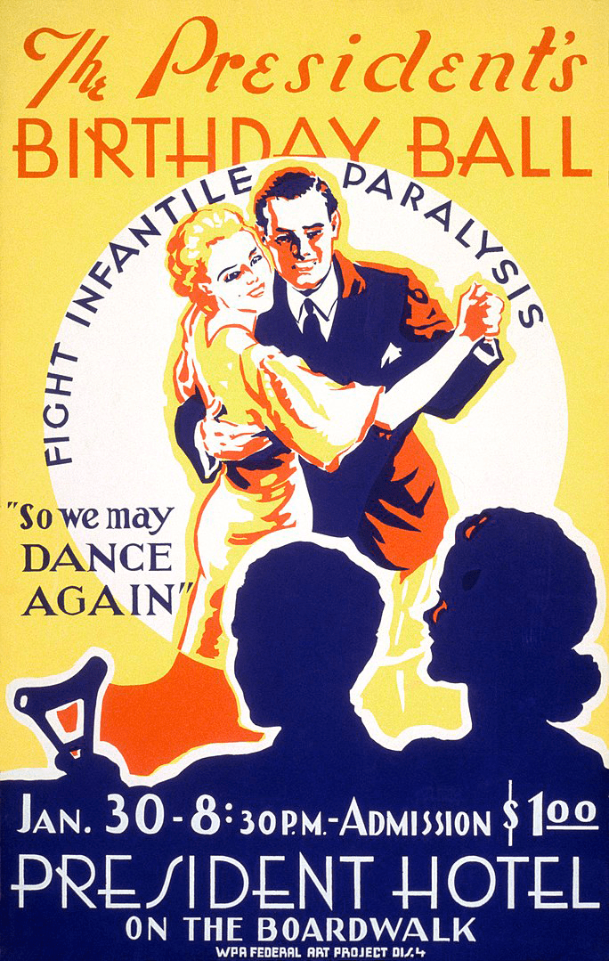 Постер, объявляющий о благотворительном бале в честь дня рождения Рузвельта