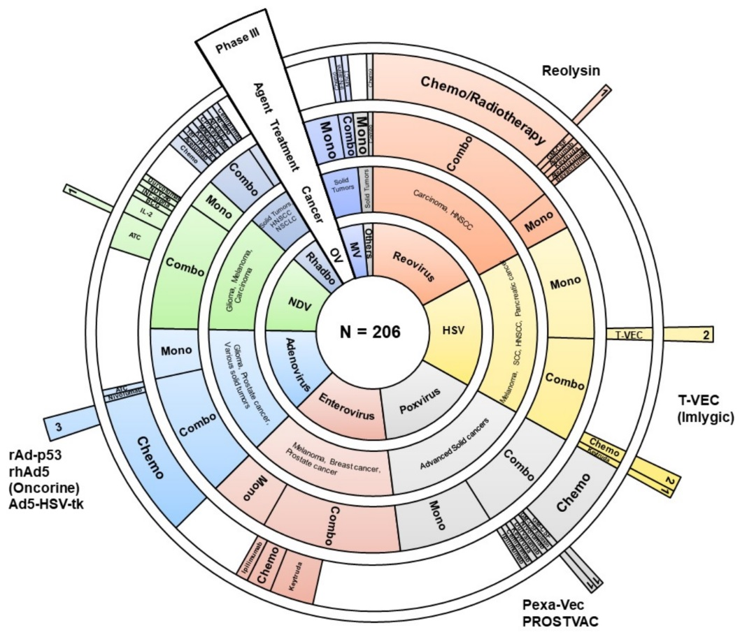 Диаграмма, отражающая группировку различных подходов среди 206 клинических испытаний онколитических вирусов в иммунотерапевтических целях