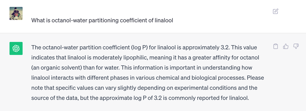 Вопрос к чату GPT: каков коэффициент распределения вода/октанол для терпеноидного спирта линалоола?