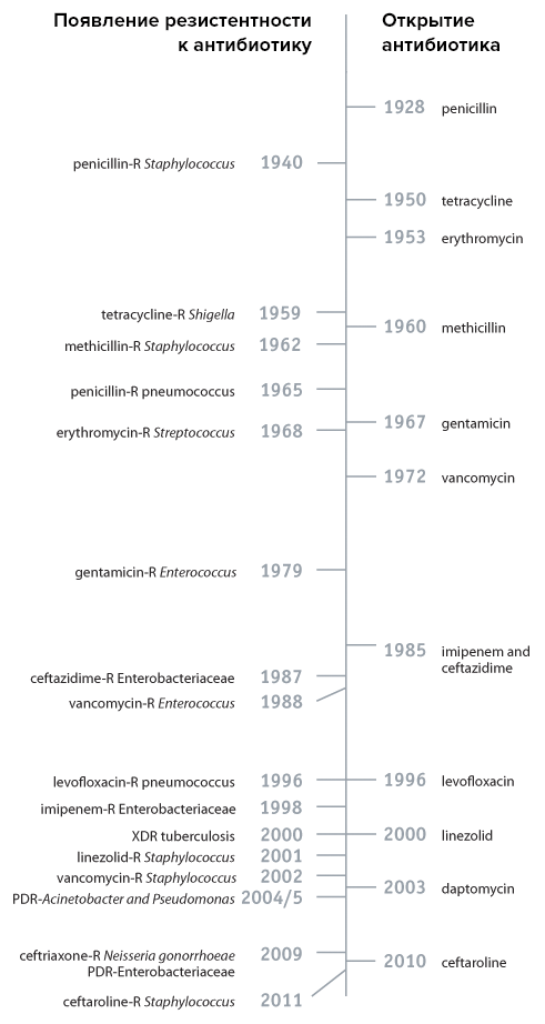 Временная шкала открытия некоторых антибиотиков