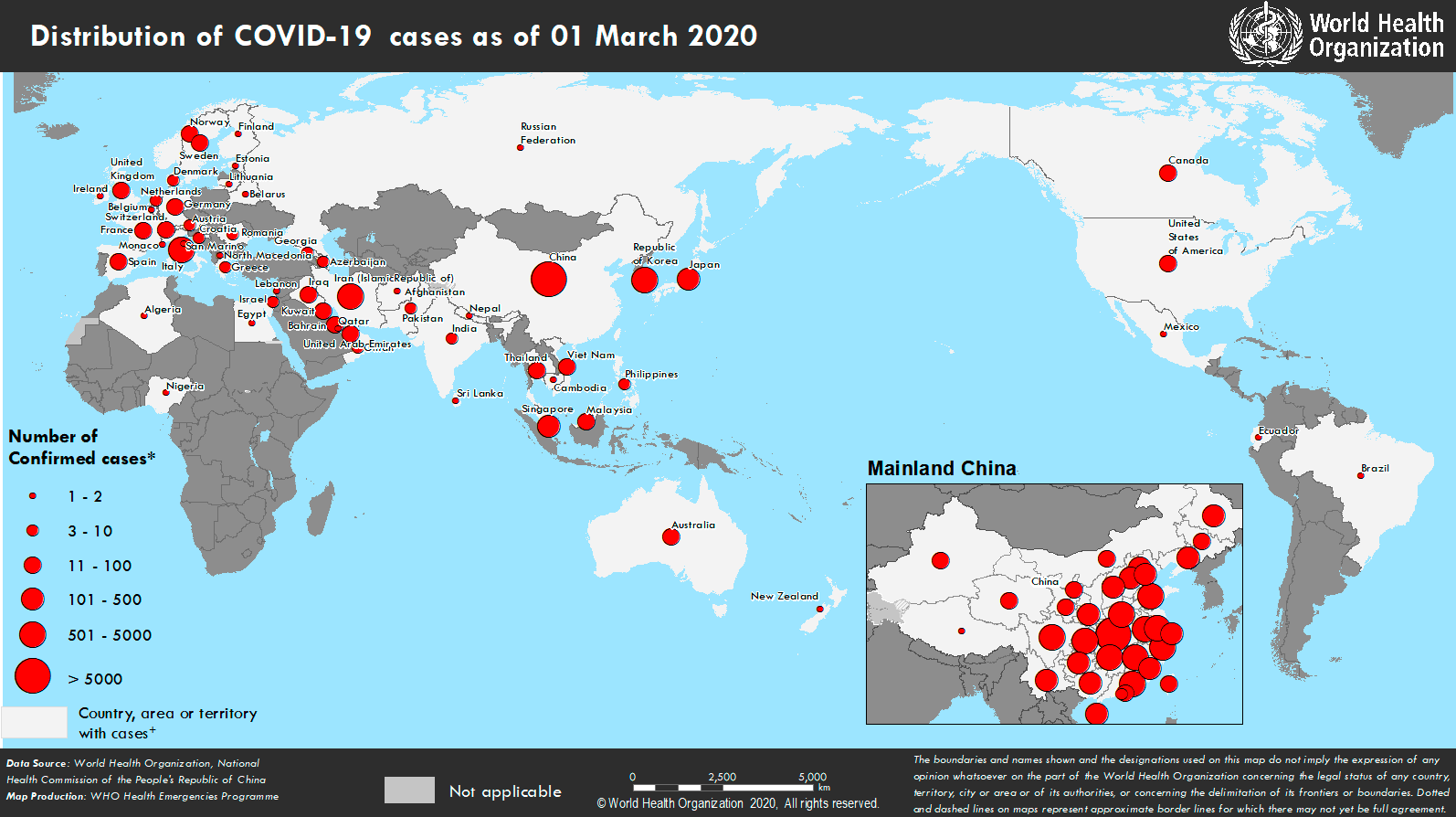 Распространение SARS-CoV-2 на 1 марта 2020 года