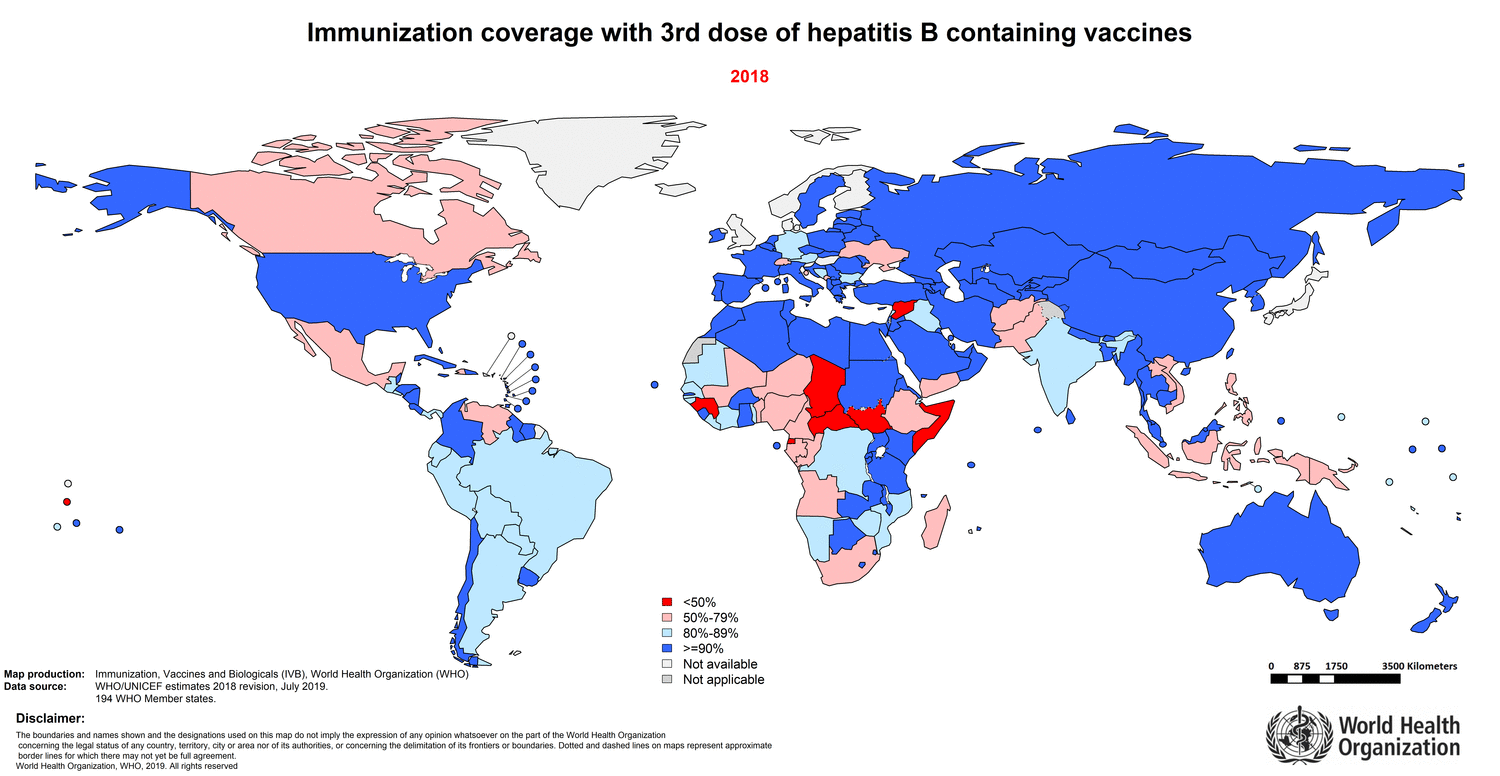 Изменение со временем доли населения, получившего трехкратную вакцинацию против гепатита В, в разных странах