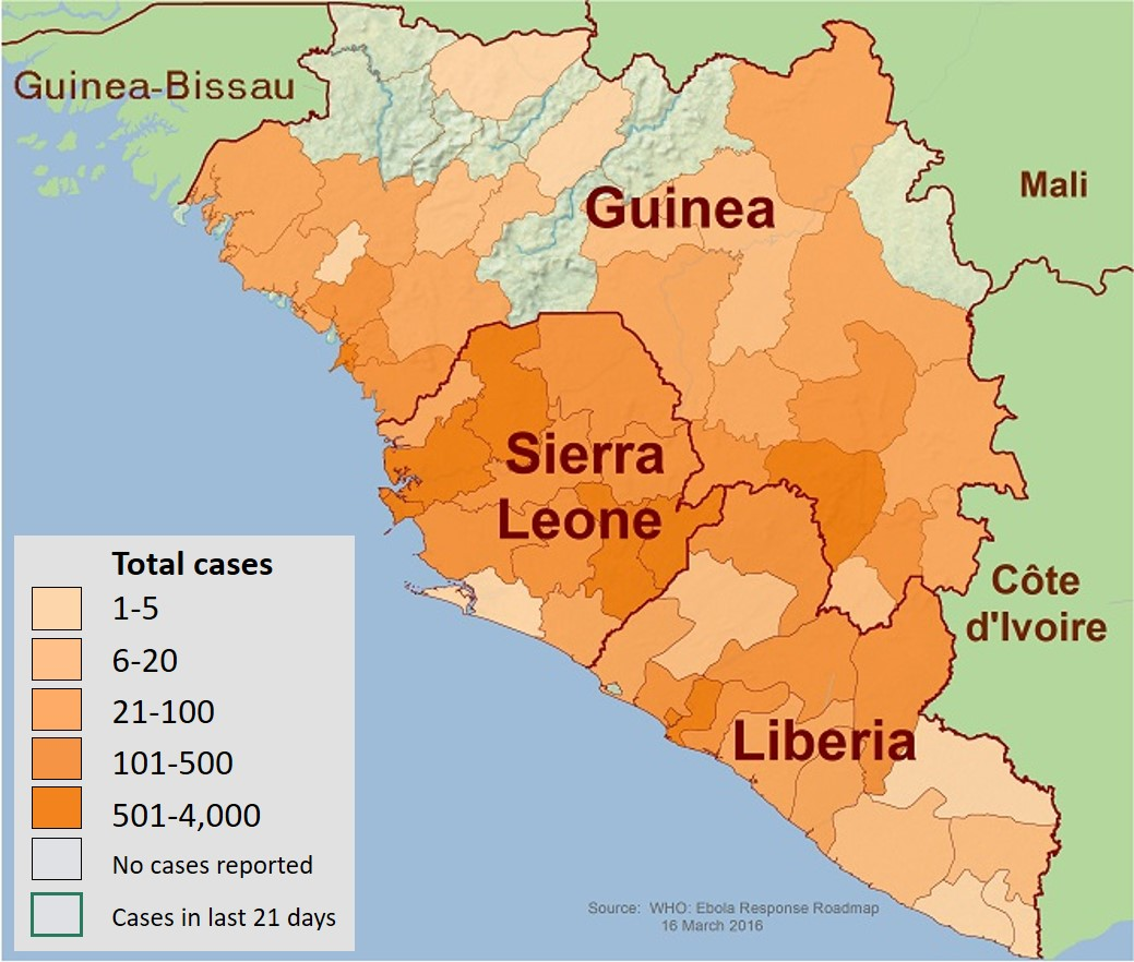 Карта распространения вируса Эбола во время вспышки в 2013–2016 годах