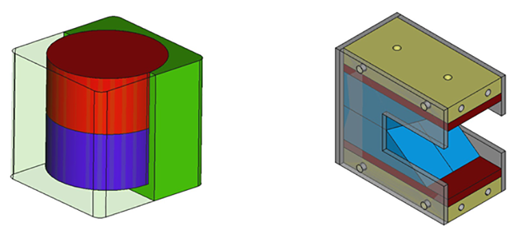 Слева изображен макет магнитной системы, создающей вертикальное магнитное поле, справа — горизонтальное