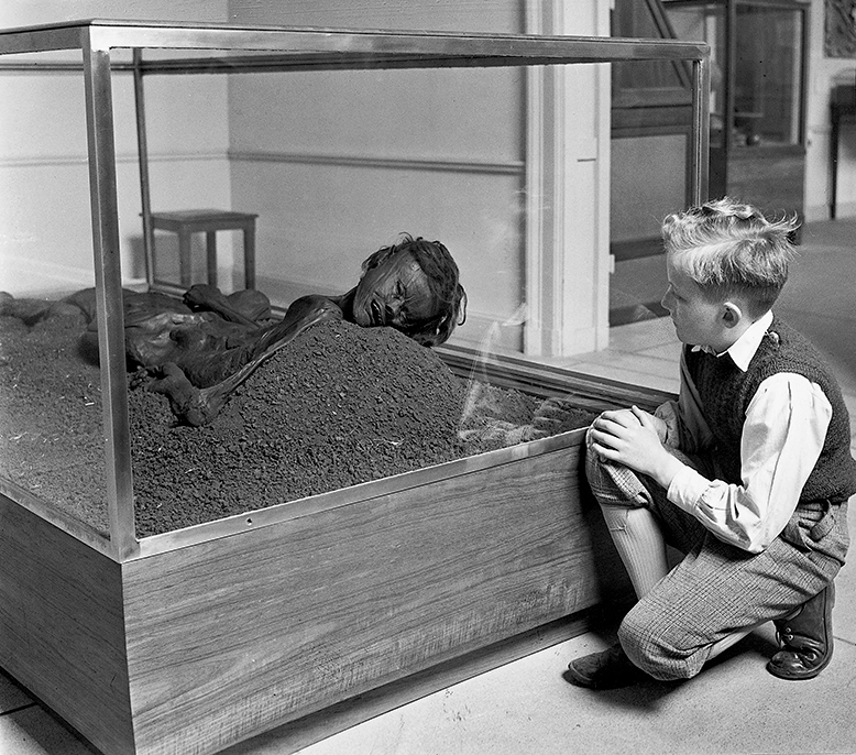Ребенок в датском музее смотрит на человека из Граубалле