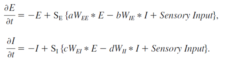 Эта пара уравнений отображает динамику нейрональных взаимодействий в определенной области коры