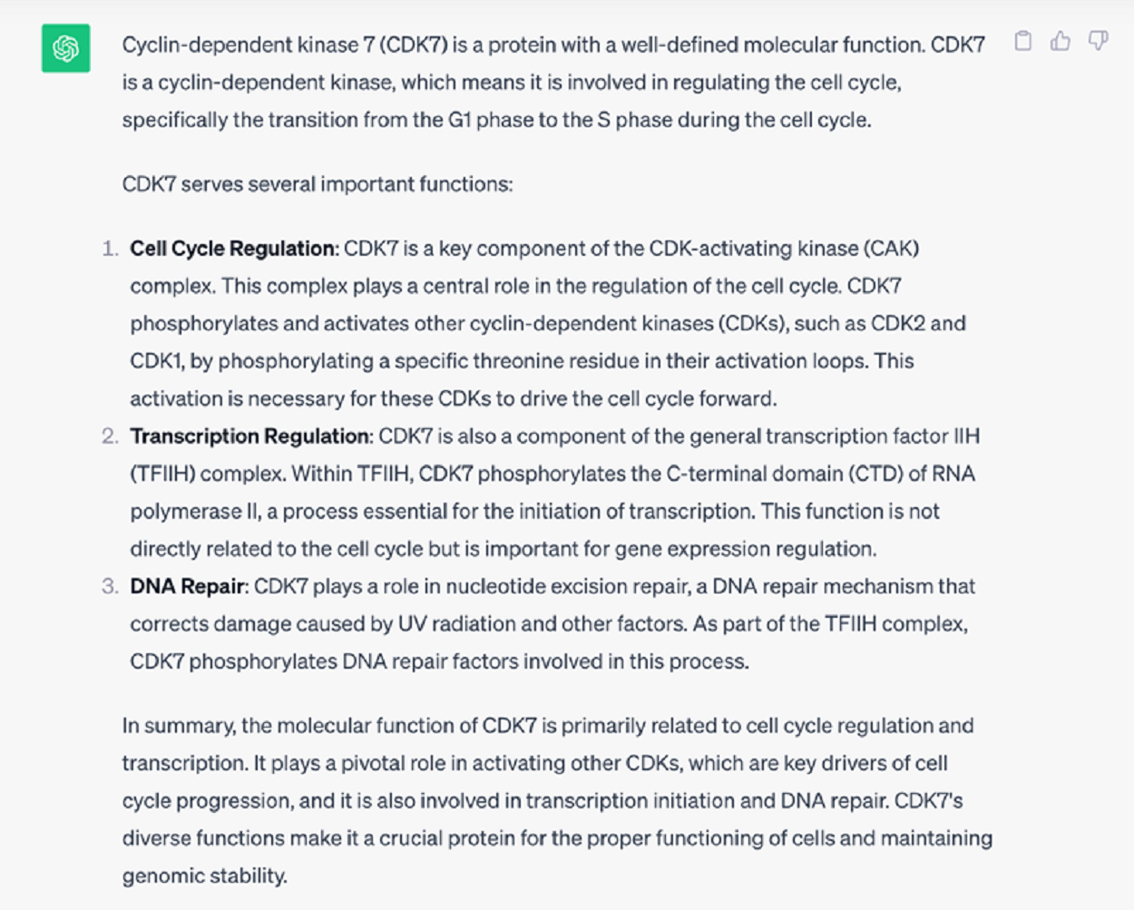 Вопрос к чату GPT: какую функцию выполняет белок CDK7? (Тут мы уже явно указали имя белка.)