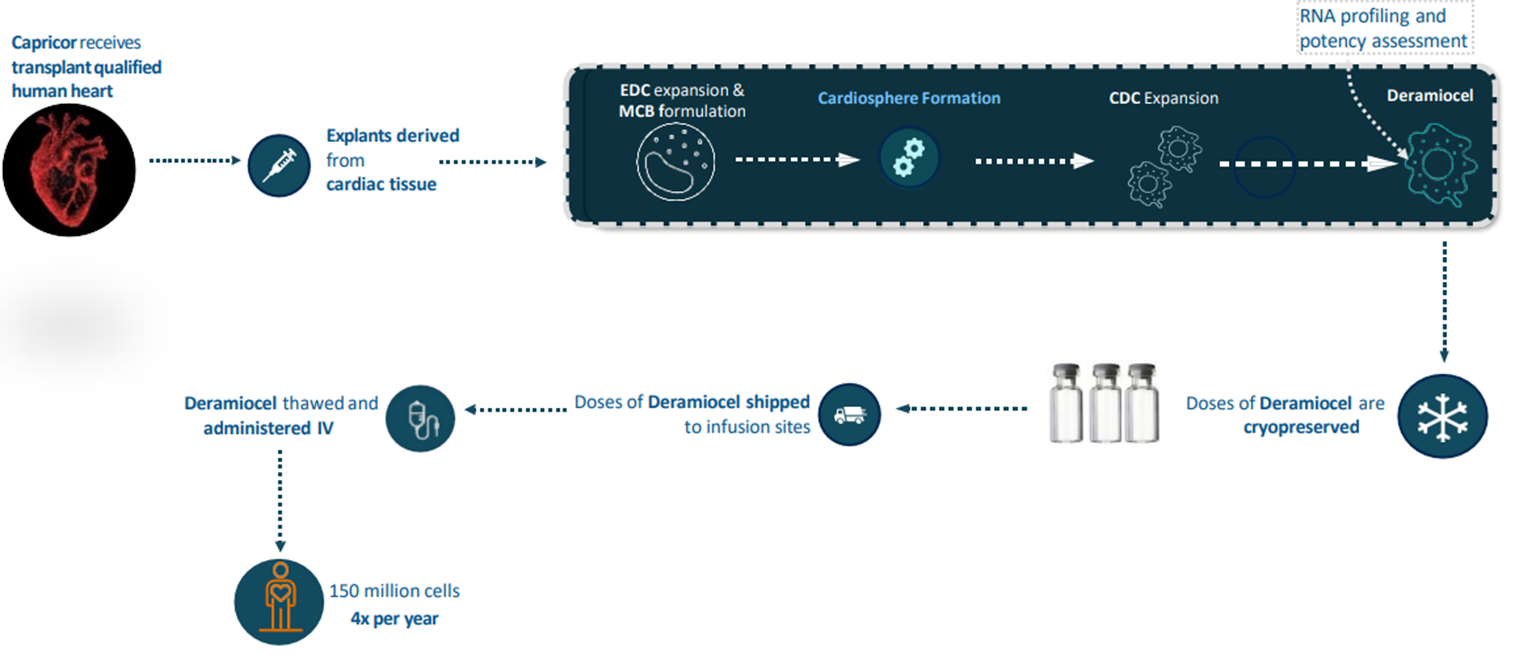 Схема производства клеточного продукта Deramiocel компании Capricor