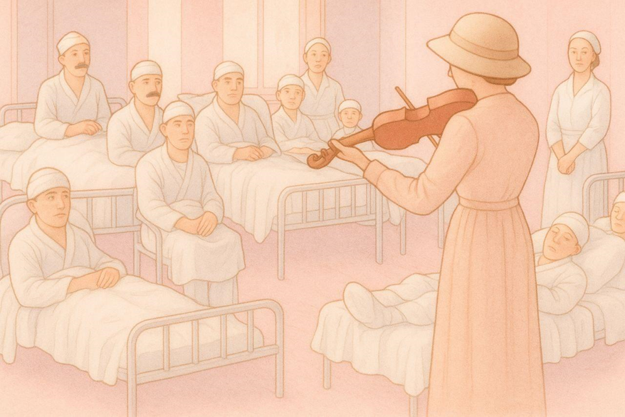 Реконструкция на основе фотографии выступления Изы Мод Ильсен (основательницы Национальной ассоциации музыки в больница) перед ранеными во время Первой мировой войны