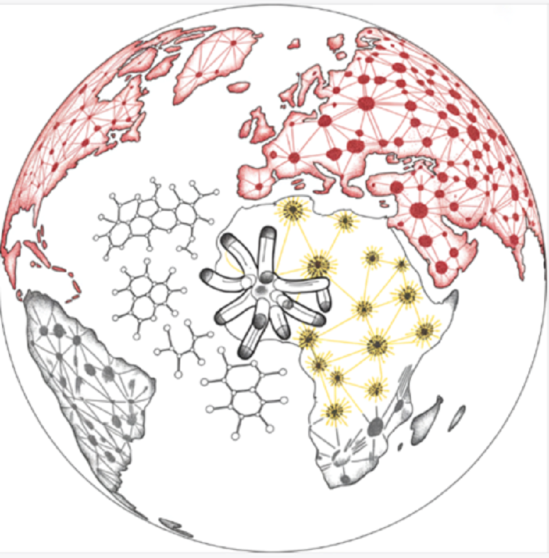 Схематическое изображение земного шара, опутанное тремя разными цветными сетями