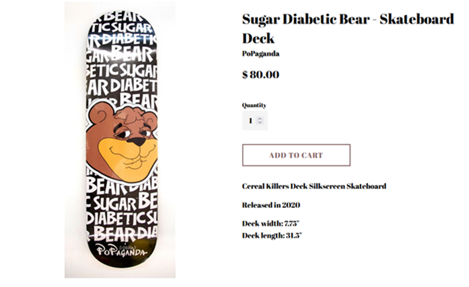 Интерпретация одного из персонажей из рекламы сухих завтраков на скейтбордической доске от стрит-арт художника Рона Инглиша (Ron English)