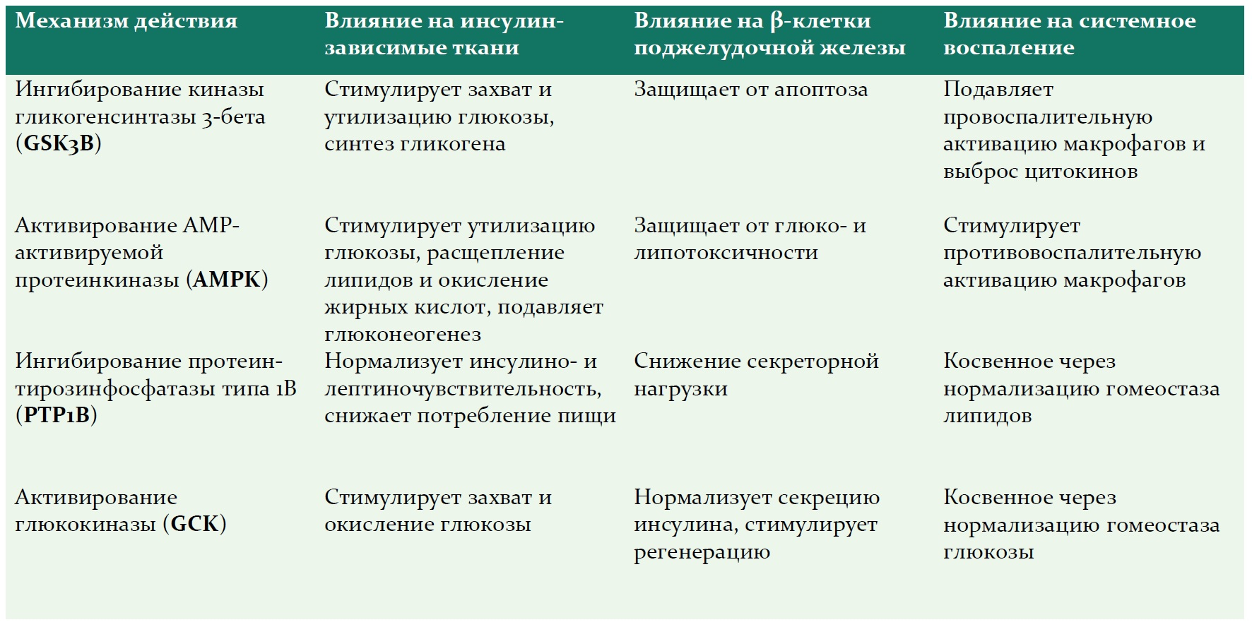 Четыре ключевые мишени для терапии сахарного диабета 2 типа